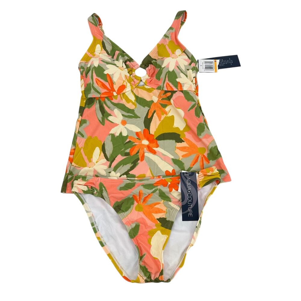 Aqua Couture Tankini Swimsuit 2 Piece Set Size S Pink Green Floral Tropical‎ NWT